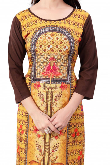 Yellow-Brown Digital Floral Printed Crepe Readymade Kurti
