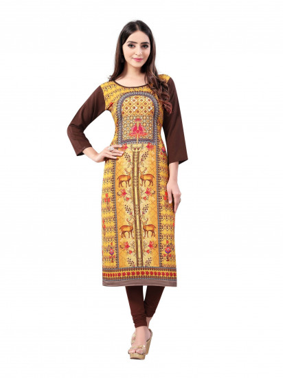 Yellow-Brown Digital Floral Printed Crepe Readymade Kurti