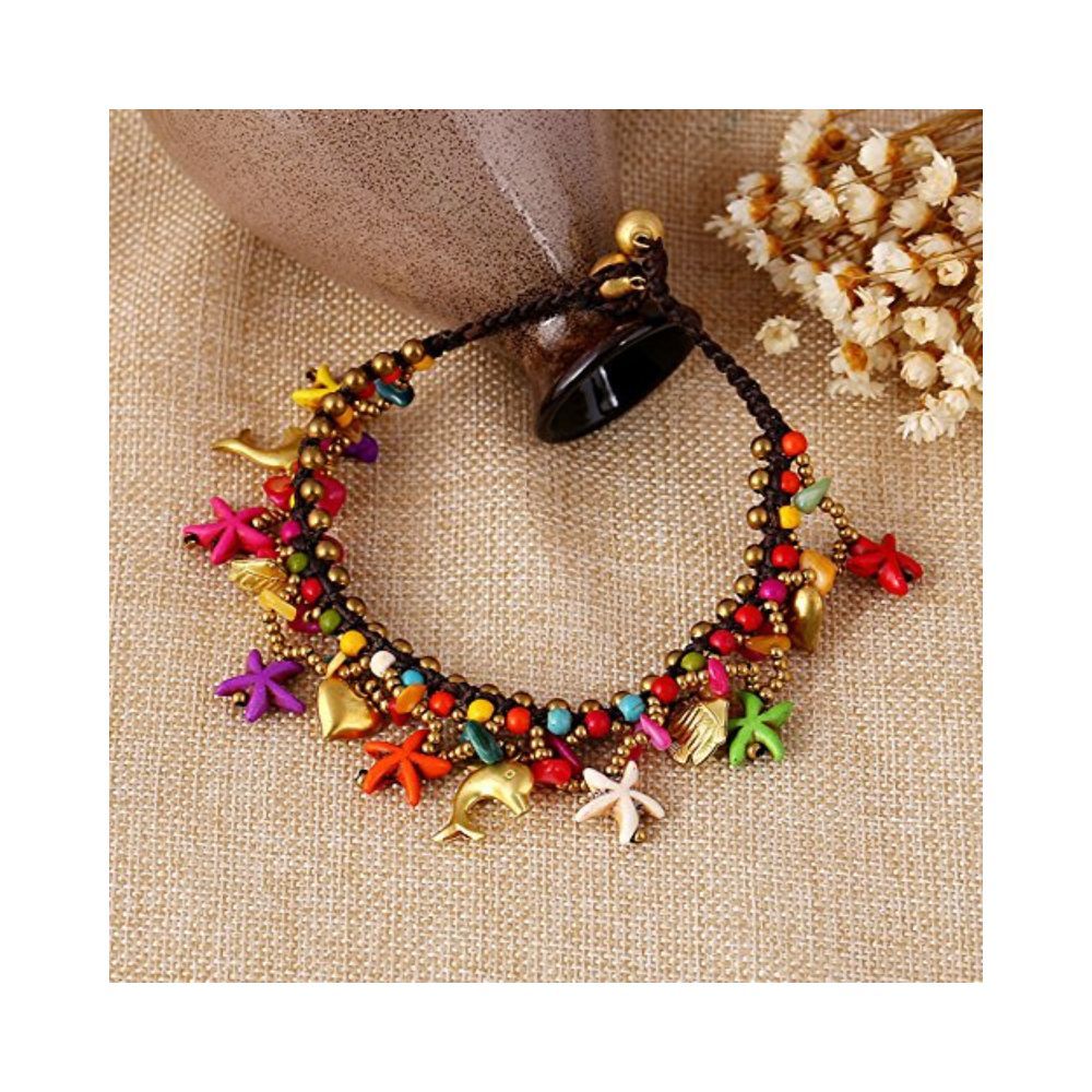 Yellow Chimes Bohemian Starfish Charms Beaded Bracelet Cum Anklet for Women and Girls