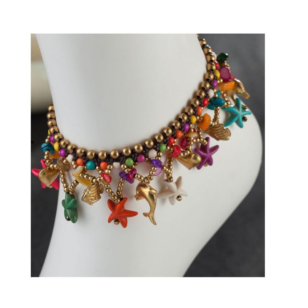 Yellow Chimes Bohemian Starfish Charms Beaded Bracelet Cum Anklet for Women and Girls