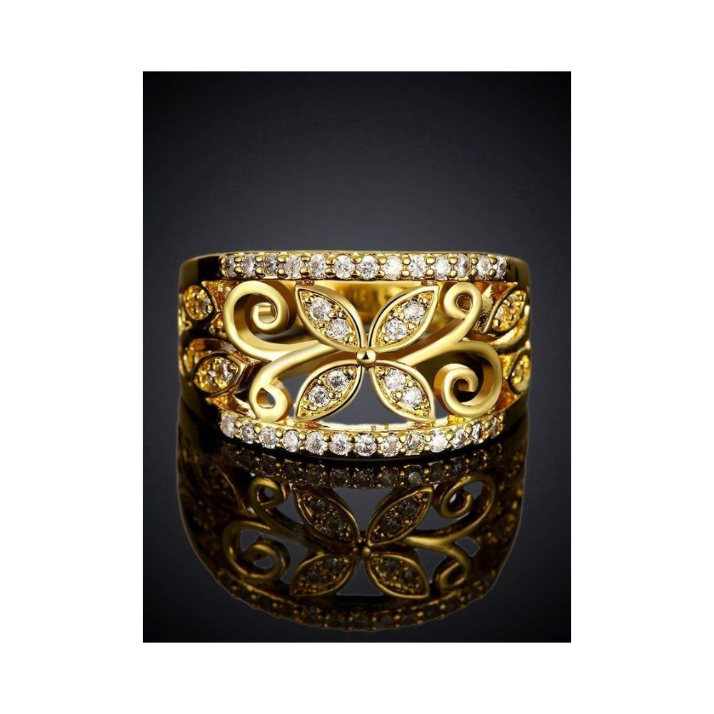 Yellow Chimes Rings for Women Crystal Studded Flower Band Golden Ring for Women and Girls.