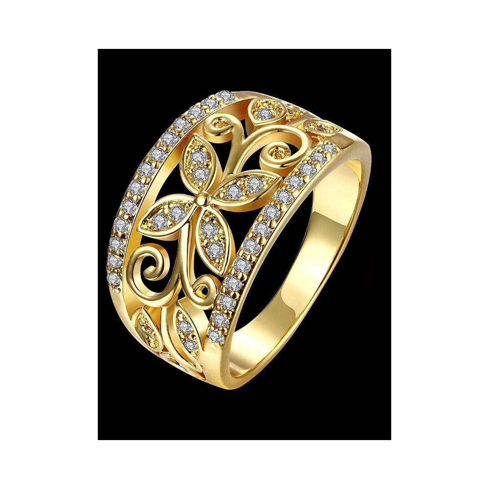 Yellow Chimes Rings for Women Crystal Studded Flower Band Golden Ring for Women and Girls.