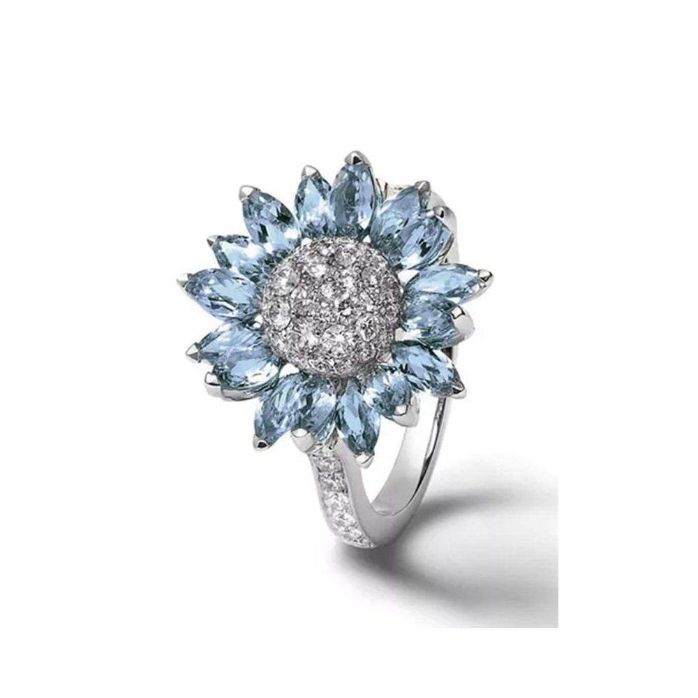 Yellow Chimes Rings for Women Floral Rings Aquamarine Blue Crystal Sunflower Shaped Silver Plated Rings for Women and Girl's