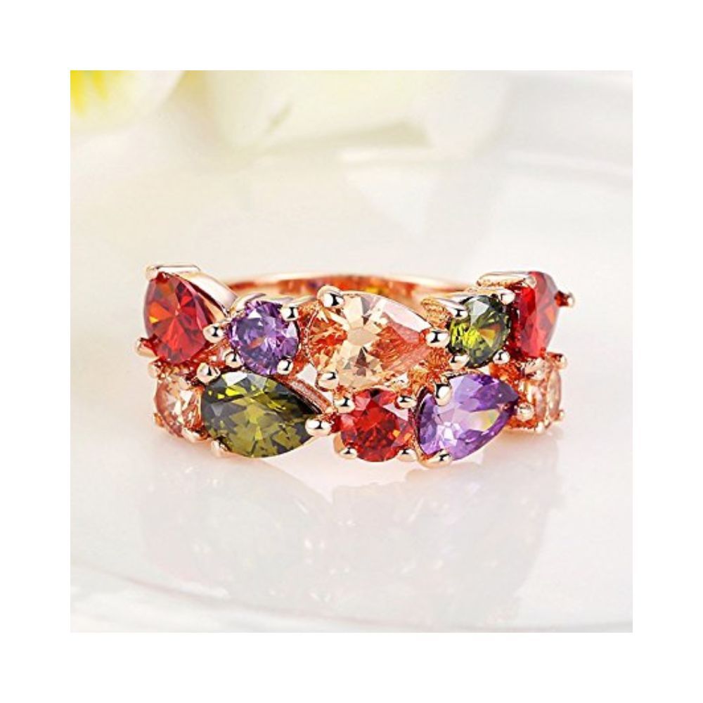 Yellow Chimes Rings for Women Multicolor Swiss Cubic Zircon Ring Flowerets Vine 18K Rose Gold Plated Adjustable Ring for Women and Girls.