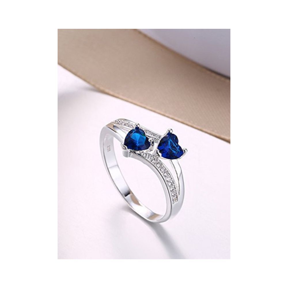 Yellow Chimes Rings for Women Valentines Special Dual Heart Ring Silver Plated Blue Crystal Ring for Women and Girls.