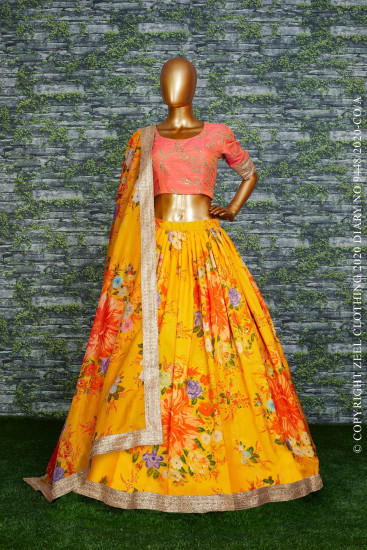 Yellow Floral Digital Printed Organza Bridal Lehenga Choli