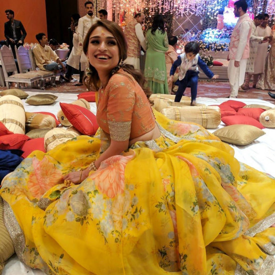 Yellow Floral Digital Printed Organza Bridal Lehenga Choli
