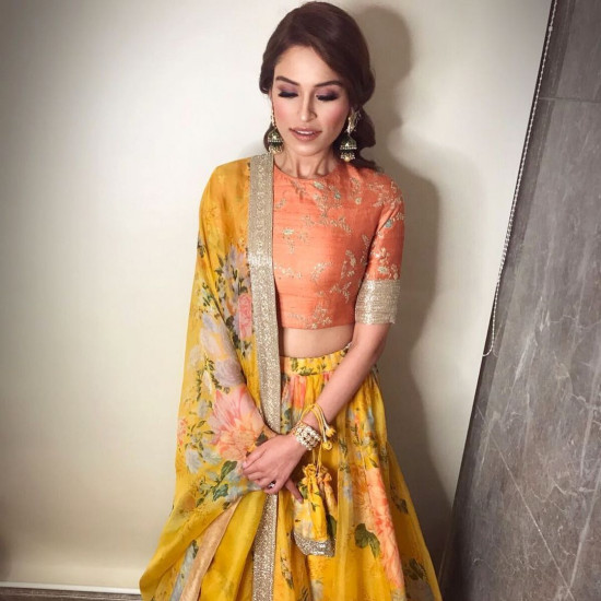 Yellow Floral Digital Printed Organza Bridal Lehenga Choli