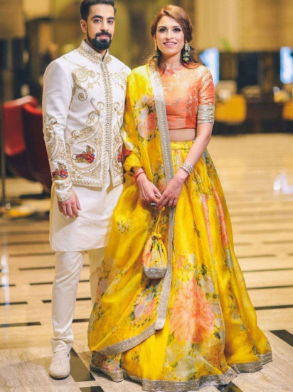 Yellow Floral Digital Printed Organza Bridal Lehenga Choli