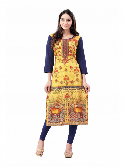 Yellow-Navy Blue Digital Floral Printed Crepe Readymade Kurti