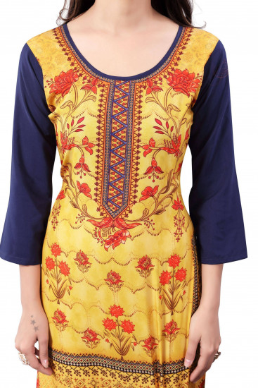 Yellow-Navy Blue Digital Floral Printed Crepe Readymade Kurti