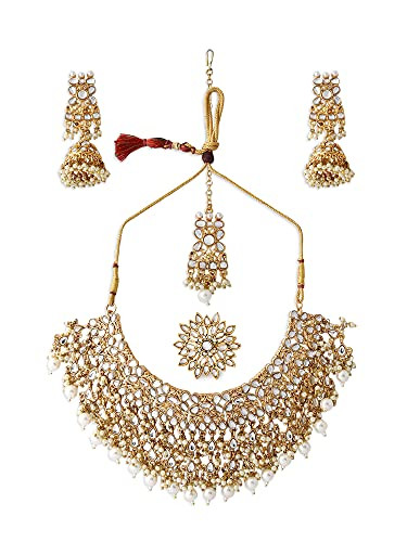 ZAVERI PEARLS Gold Tone Kundan Choker Necklace Earring Maangtikka