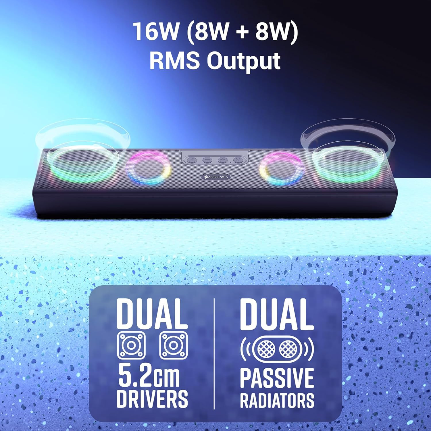 ZEBRONICS Astra 35 Portable Bluetooth Speaker 16 Watts Upto 24h Backup Dual Drivers  Dual Passive Radiators Call Function Bluetooth v53  USB  mSD AUX TWS RGB LED