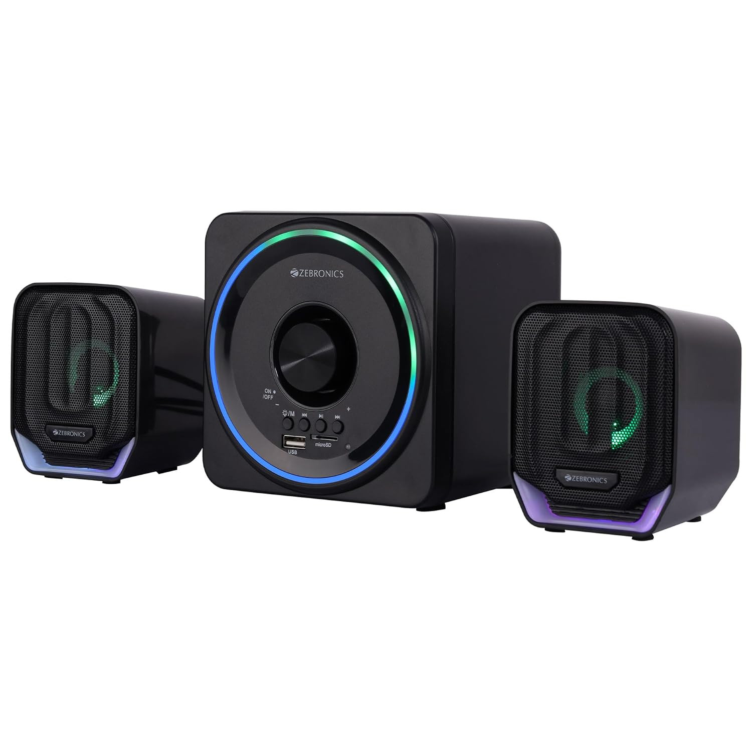ZEBRONICS Pluto 2-21 Channel Desktop Speaker with 15 watts Output Bluetooth 50 USB mSD FM 35mm Jack Line Input Inbuilt Volume Control USB Powered RGB Lights