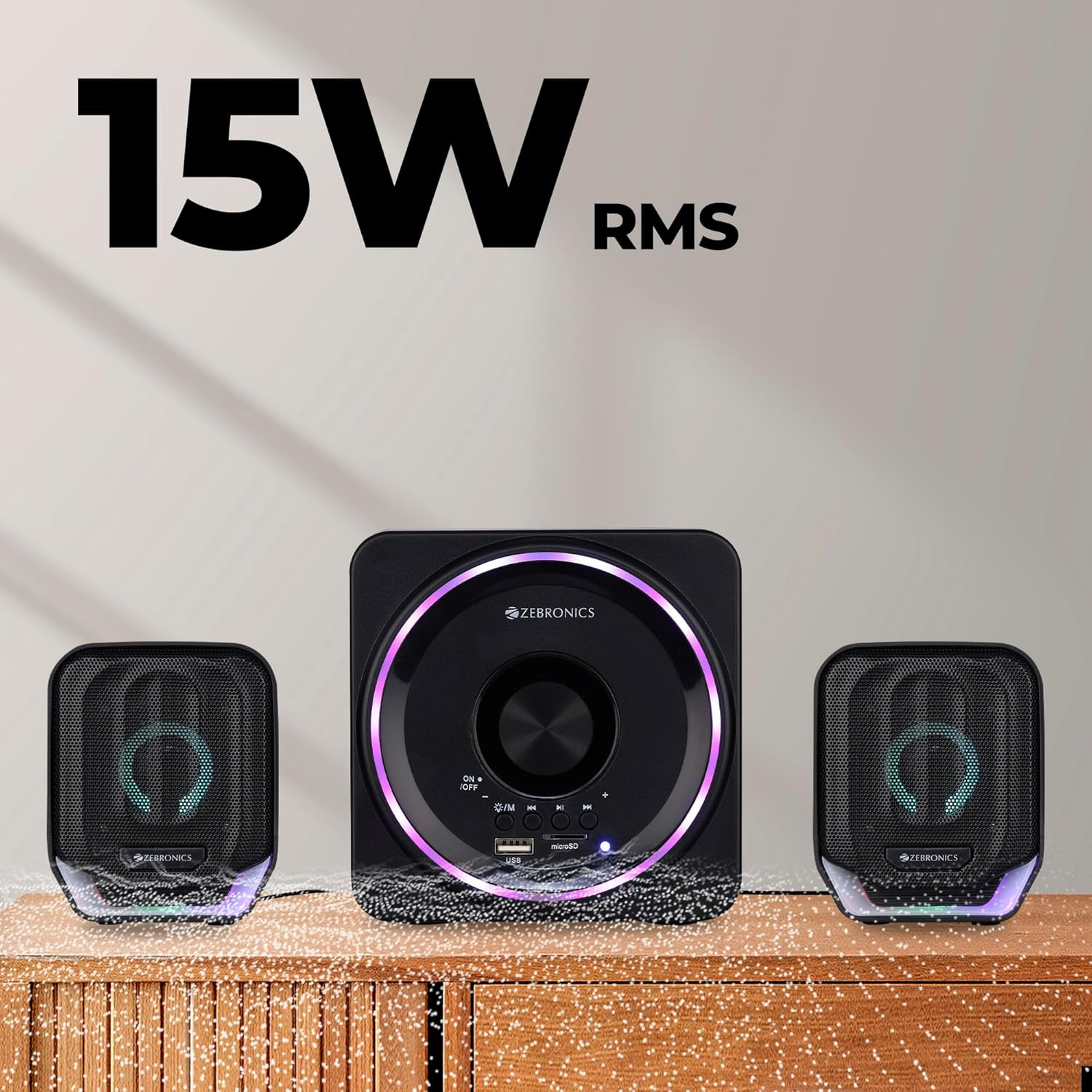 ZEBRONICS Pluto 2-21 Channel Desktop Speaker with 15 watts Output Bluetooth 50 USB mSD FM 35mm Jack Line Input Inbuilt Volume Control USB Powered RGB Lights