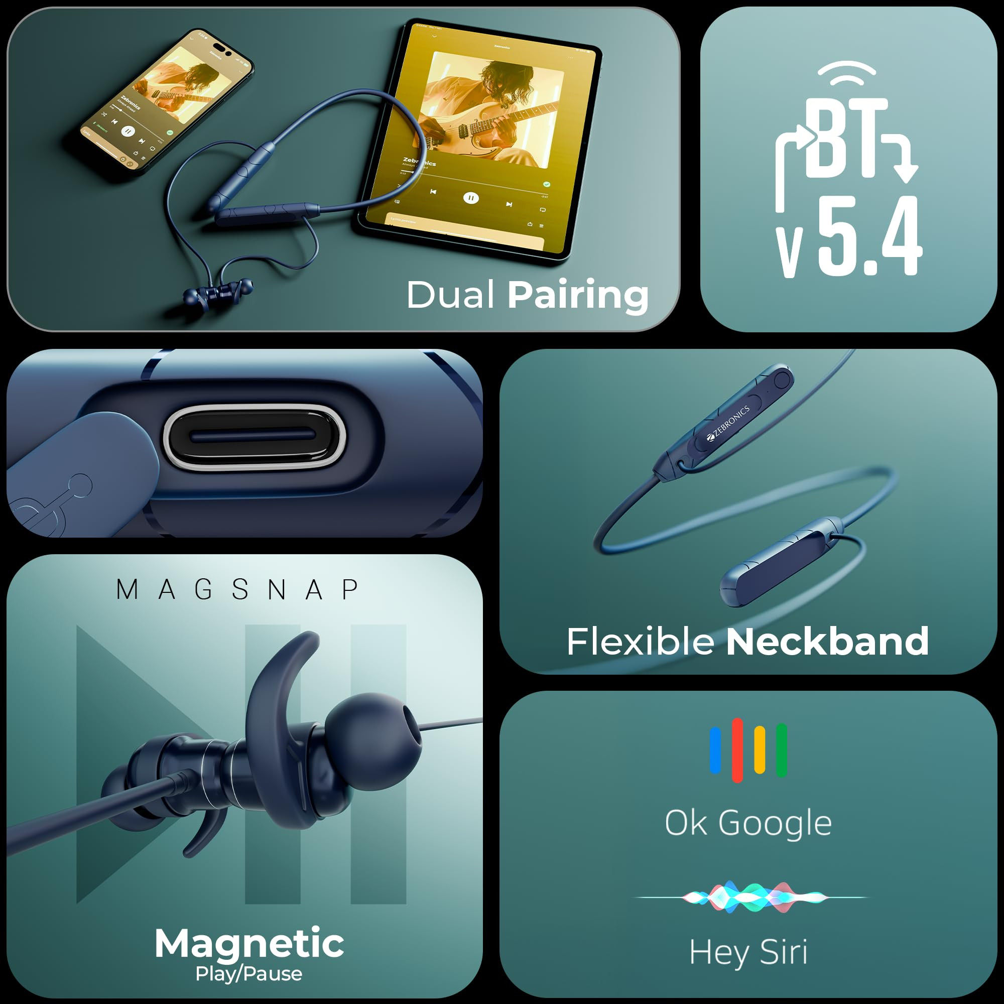 ZEBRONICS RAGA F2 Bluetooth Neckband in Ear 22 Hours Playback ENC Rapid Charging Dual Pairing Magsnap Magnetic Play  Pause 2 EQ Modes Bluetooth v54 Call Function Gaming Mode Blue