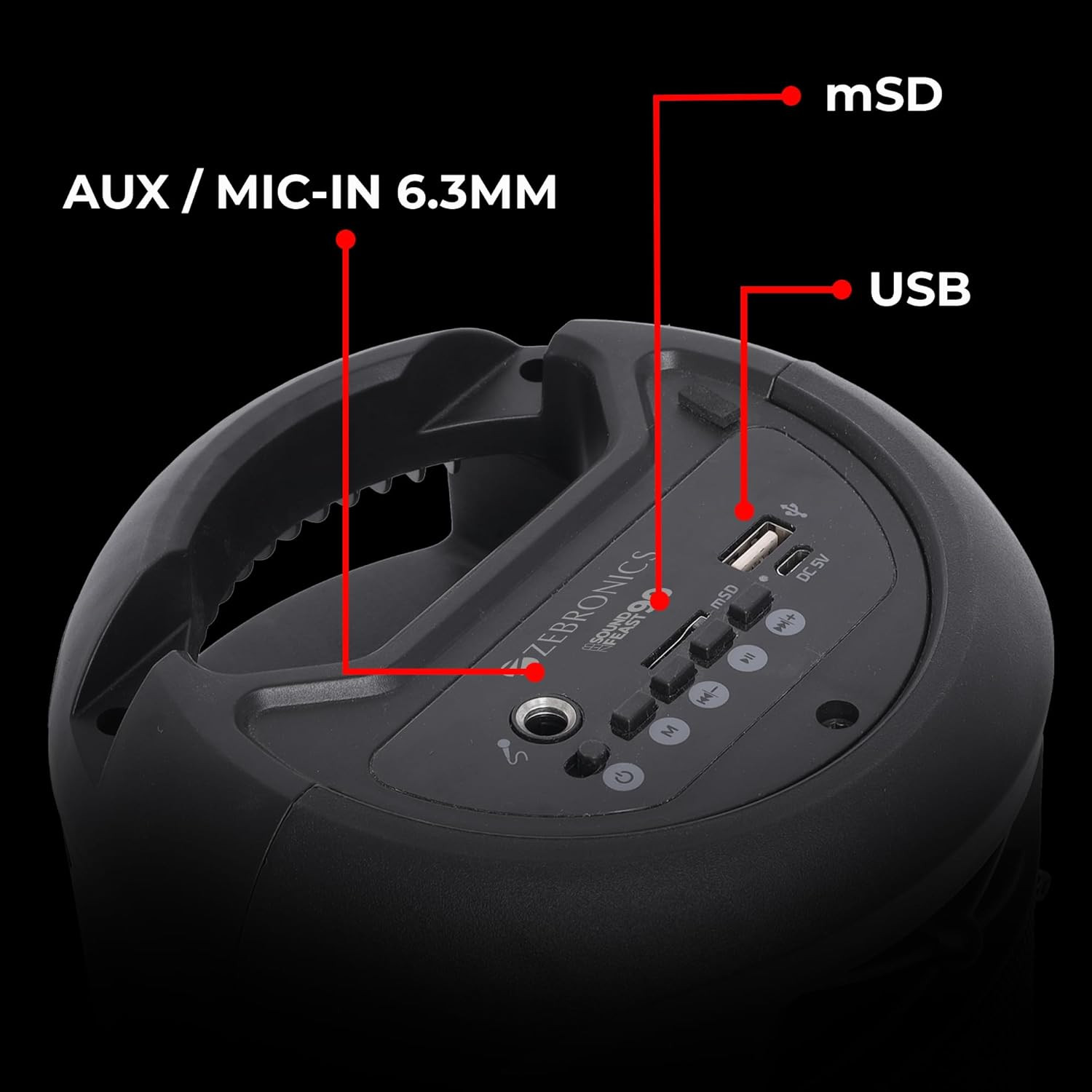 ZEBRONICS Sound Feast 90 10W Output Portable Wireless Speaker with Bluetooth v50 FM Radio TWS 63mm Wired Mic Support USB mSD AUX Mobile Holder and RGB Lights
