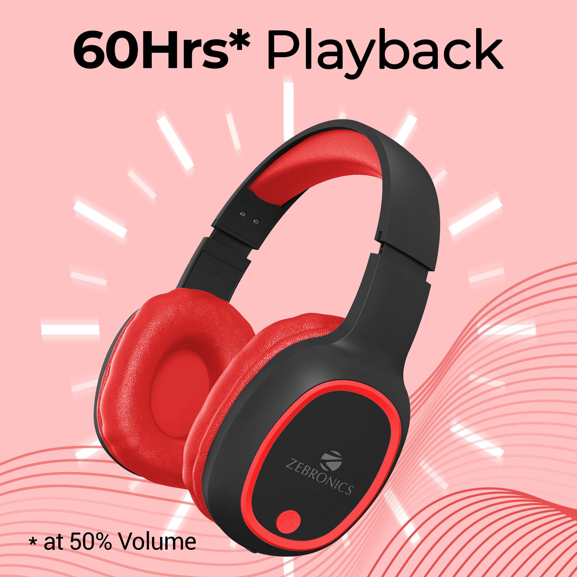 ZEBRONICS Thunder Bluetooth 53 Wireless Over Ear Headphones with 60H Backup Gaming Mode Dual Pairing Enc Aux Micro Sd Voice Assistant Comfortable Earcups Call Function Red