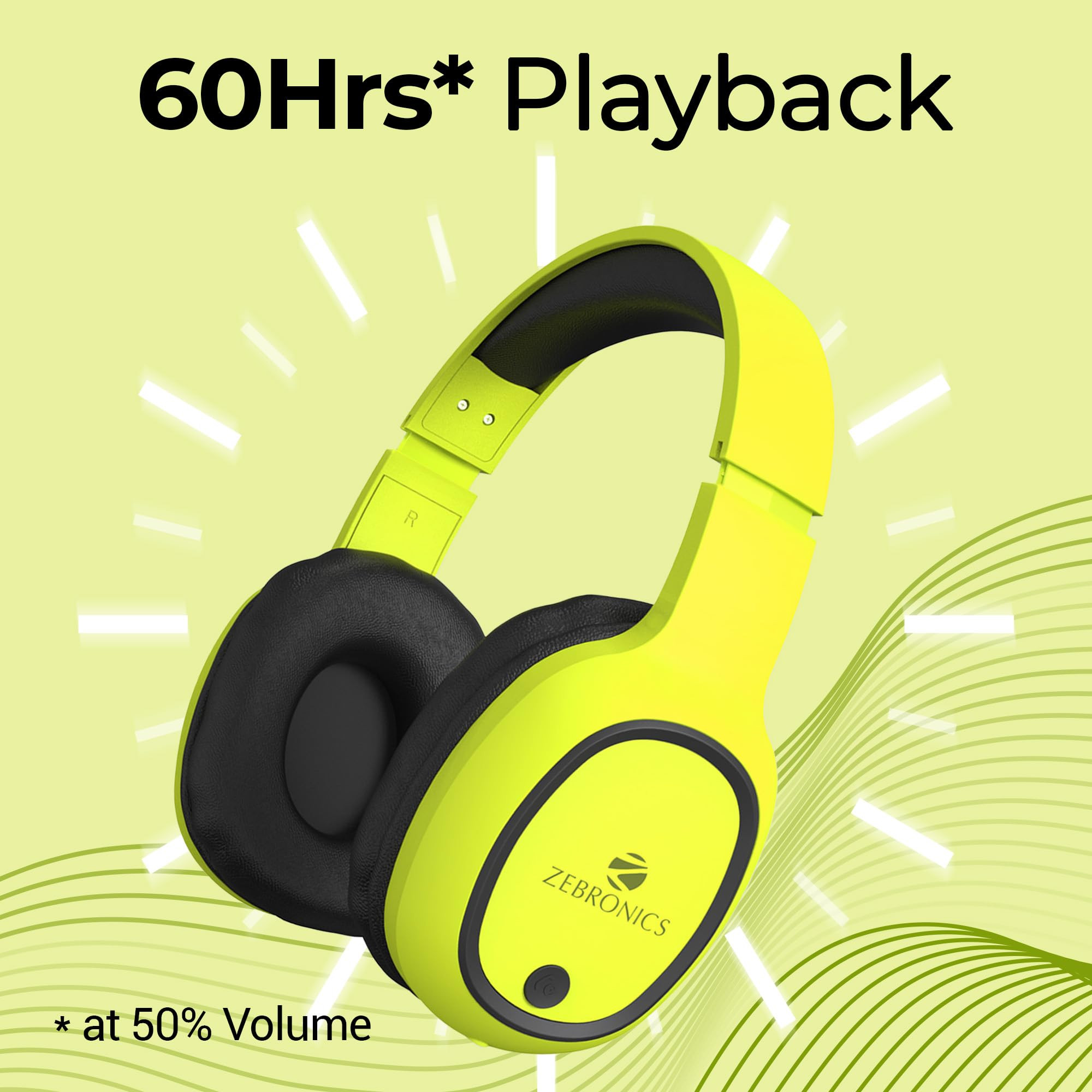 ZEBRONICS Thunder Bluetooth Wireless On Ear Headphone FM mSD 60hrs Playback with Mic Neon Yellow