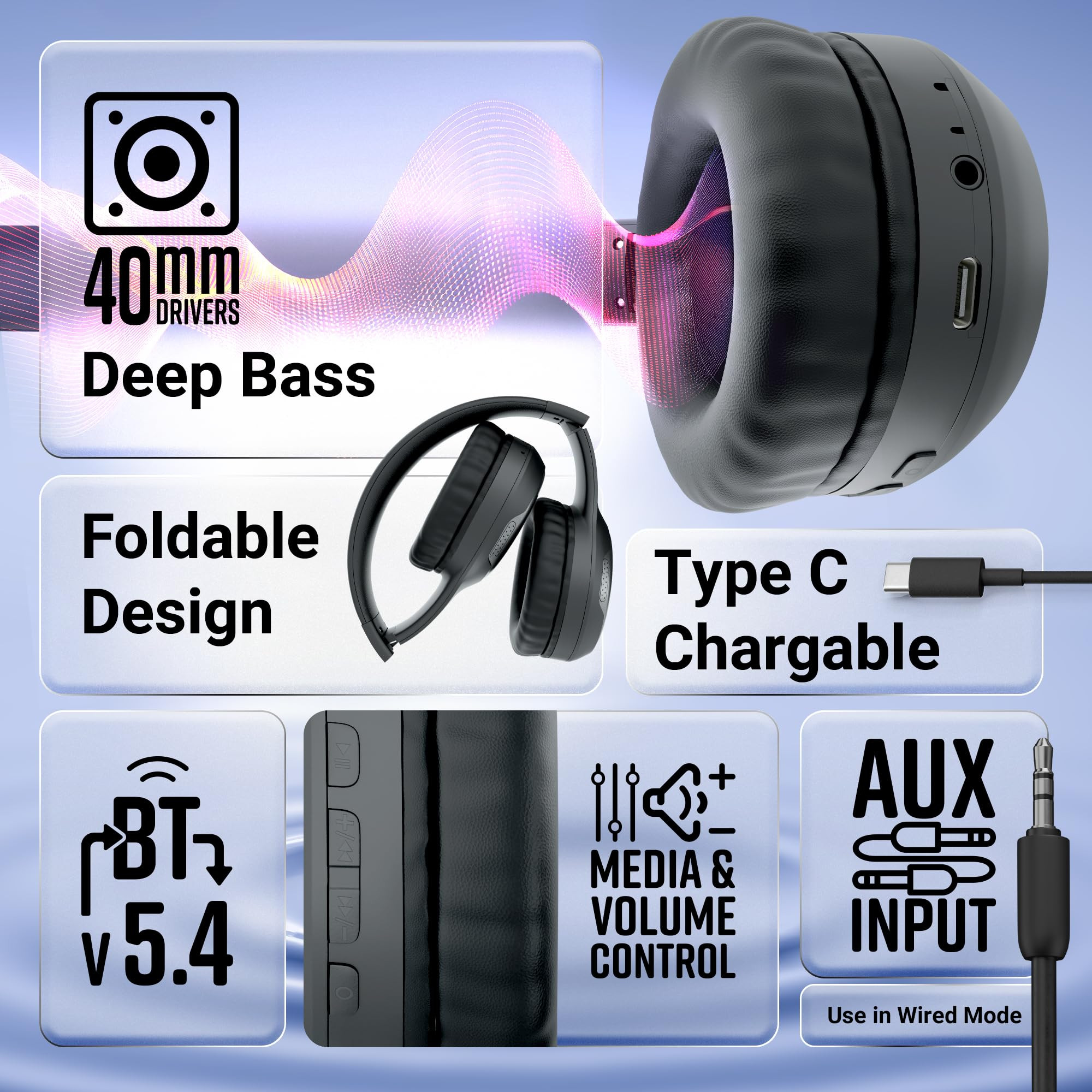 ZEBRONICS Thunder Max Bluetooth Over Ear Headphone with 120Hrs Playback 3 EQ Modes 40mm Bass Driver Fast Charging Gaming Mode Dual Pairing BT v54 AUX Metallic Finish Black