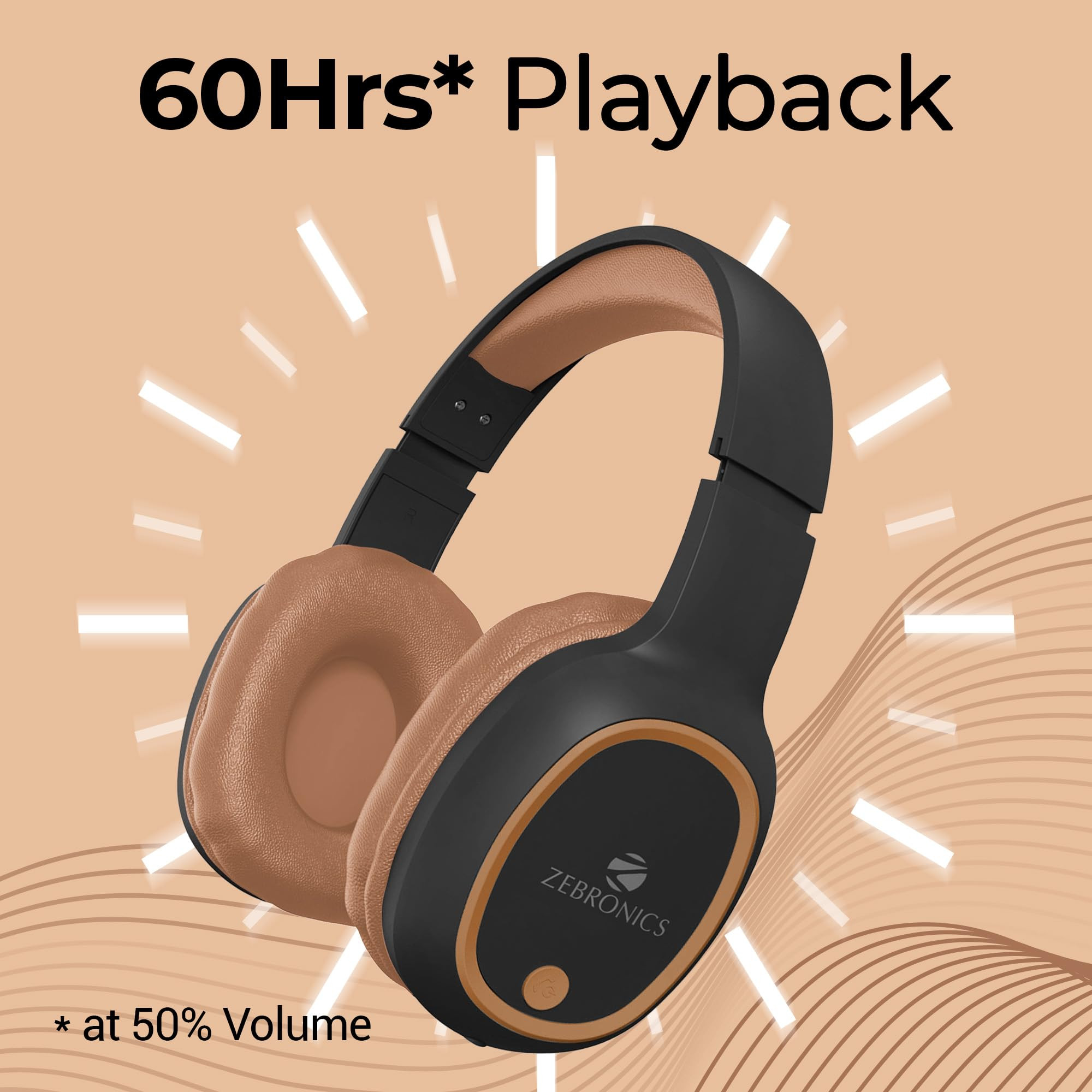 ZEBRONICS Thunder Over Ear Bluetooth 53 Wireless Headphones with 60H Backup Gaming Mode Dual Pairing Enc Aux Micro Sd Voice Assistant Comfortable Earcups Call Function Brown
