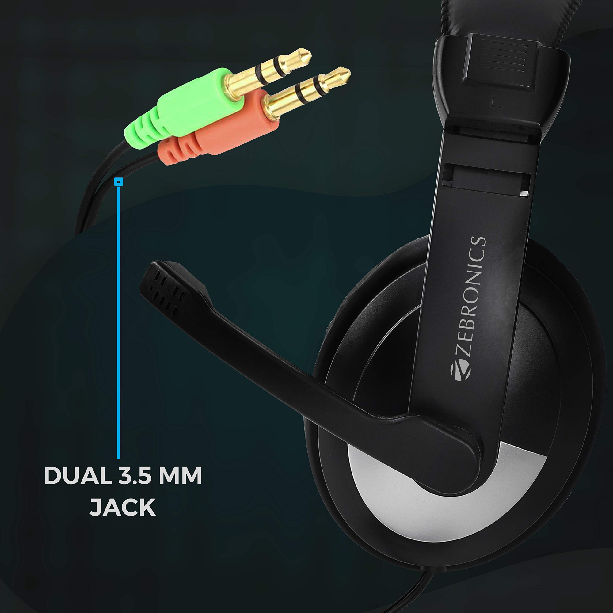 ZEBRONICS Zeb-200HM Wired On Ear Headphone with Mic Dual 35mm Connectors Adjustable Headband for PC ComputersLaptop Black