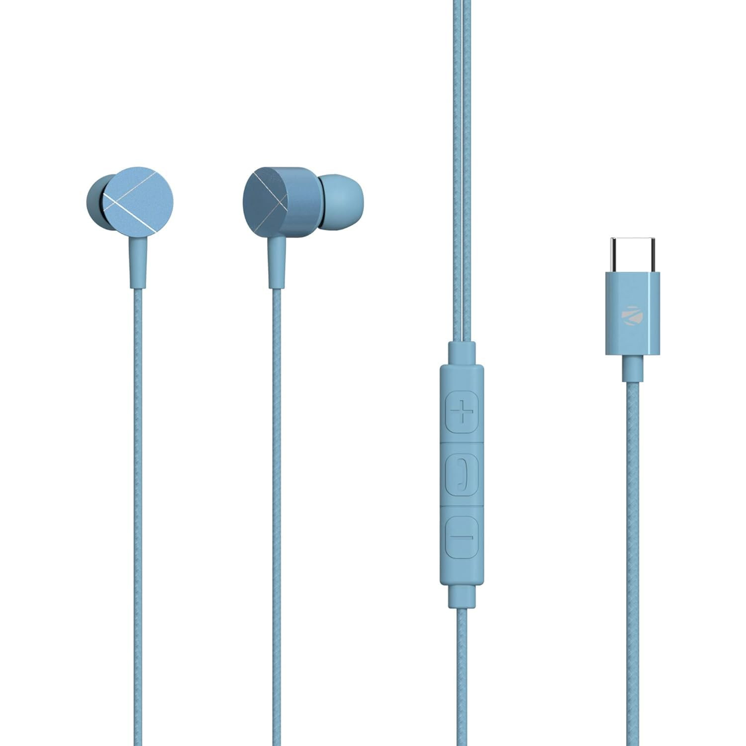 ZEBRONICS Zeb Buds C2 in Ear Type C Wired Earphones with Mic Braided 12 Metre Cable Metallic Design 10mm Drivers in Line Mic  Volume Controller Blue