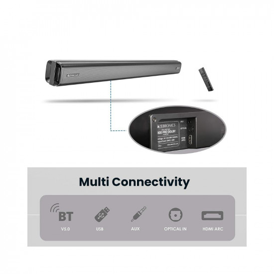 ZEBRONICS ZEB-JUKE BAR 3800 PRO DOLBY Wireless Bluetooth Single Soundbar With Supporting Wall Mount, USB, AUX, Optical IN, HDMI ARC & Remote Control. (60 Watt, 2.0 Channel)