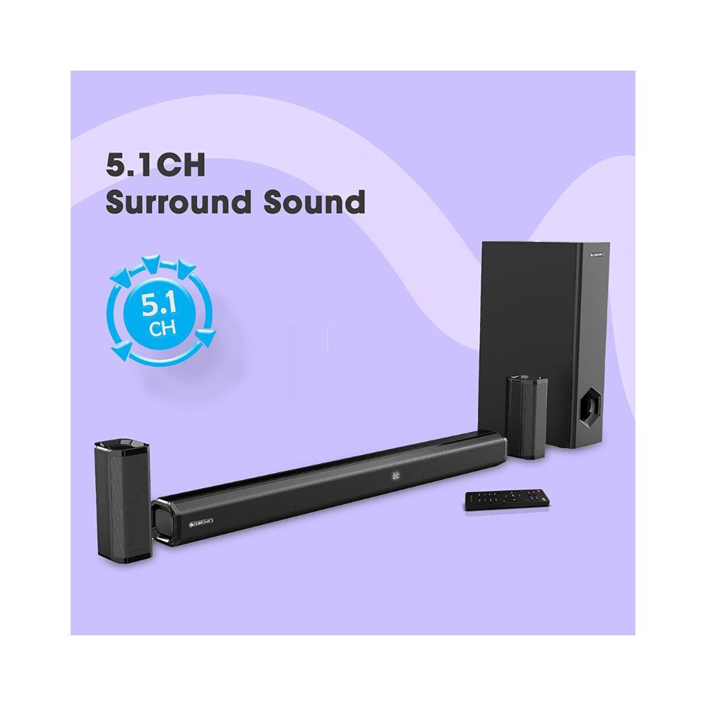 ZEBRONICS Zeb-Juke BAR 7400 PRO 5.1 Channel soundbar with 6.5 subwoofer, 180W RMS, Dual Rear Satellites, HDMI (ARC), Optical in, AUX, BT v5.0, USB in, Remote Control,LED Display and Wall Mount(Black)