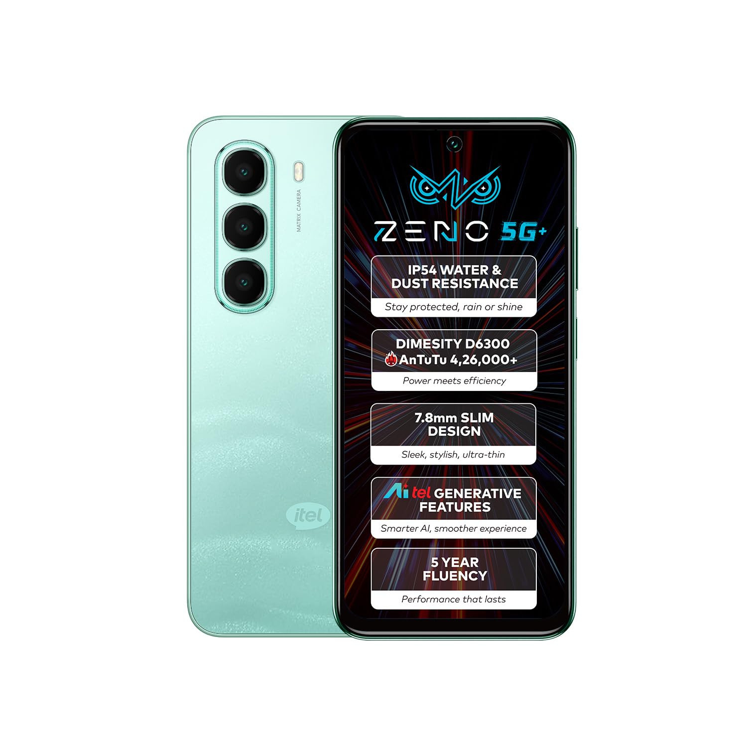 ZENO 5G AI Smartphone  4GB RAM 128GB ROM  IP54 Rated for Dust  Water Resistance  D6300 5G Processor  67 HD 120Hz Punch-Hole Display  50MP Camera  5-Year Fluency  Wave Green