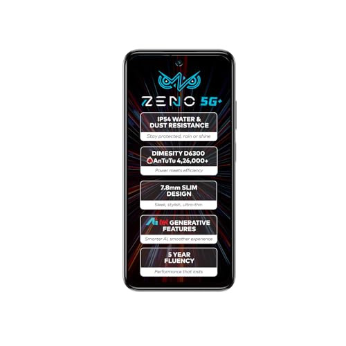 ZENO 5G AI Smartphone  4GB RAM 128GB ROM  IP54 Rated for Dust  Water Resistance  D6300 5G Processor  67 HD 120Hz Punch-Hole Display  50MP Camera  5-Year Fluency  Shadow Black
