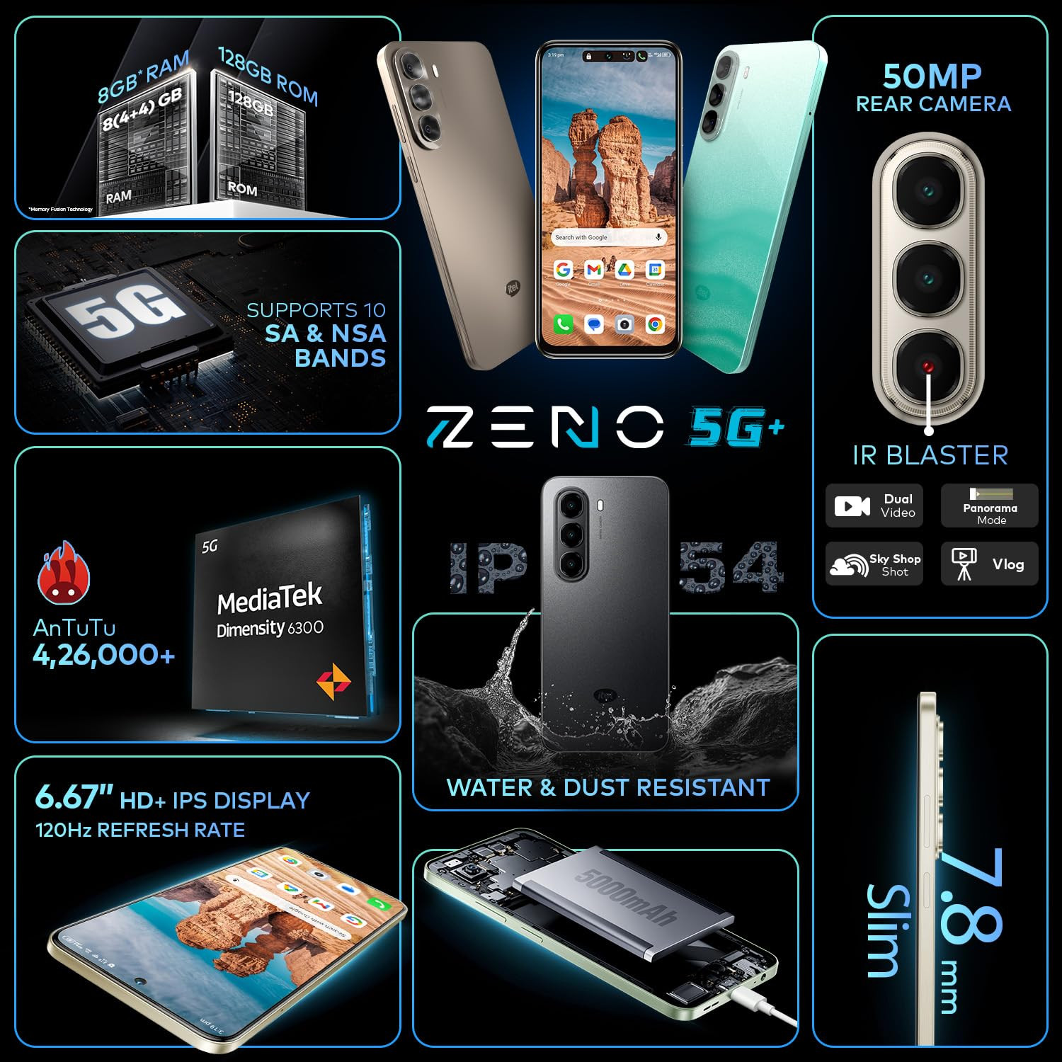 ZENO 5G AI Smartphone  4GB RAM 128GB ROM  IP54 Rated for Dust  Water Resistance  D6300 5G Processor  67 HD 120Hz Punch-Hole Display  50MP Camera  5-Year Fluency  Shadow Black